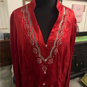 Red Embroidered Silk Top